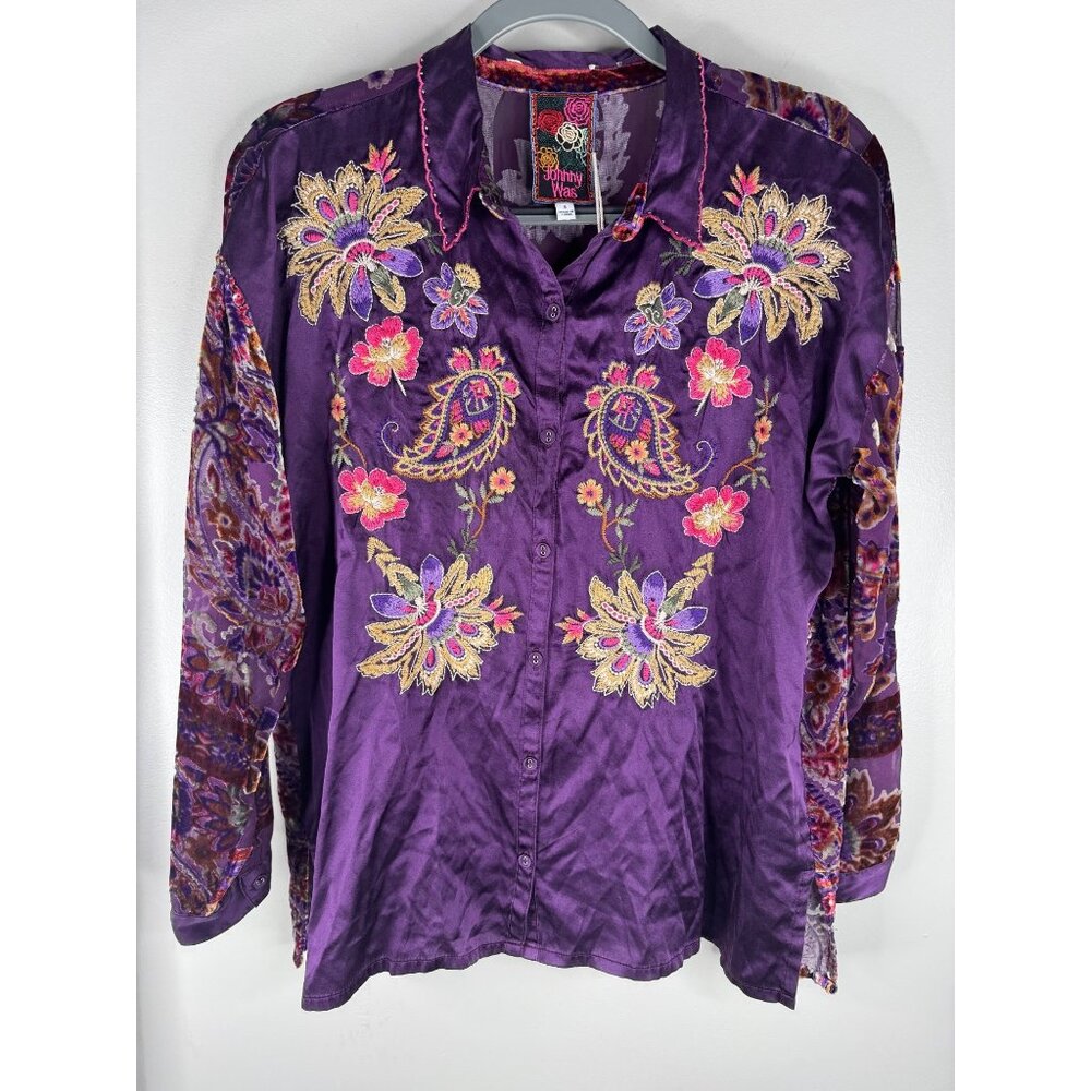 NWT Johnny Was The Slim Audrey Embroidered Floral Burnout Shirt Size S Purple - Picture 5 of 11